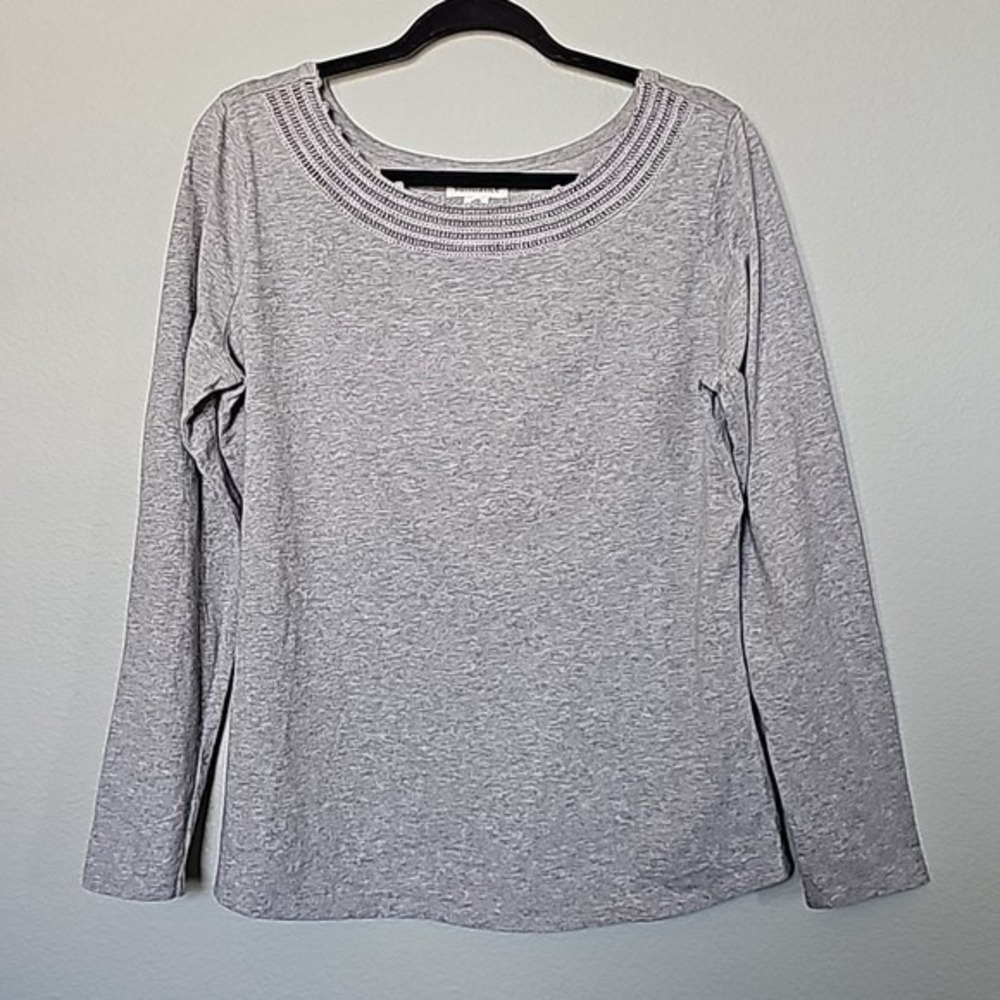 Sundance Casual Basic Neutral Cotton Large Crochet Neck Long Sleeve Gray - Picture 2 of 7